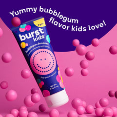 Burst Bubblegum Bonanza toothpaste tube back shows safe brushing directions.