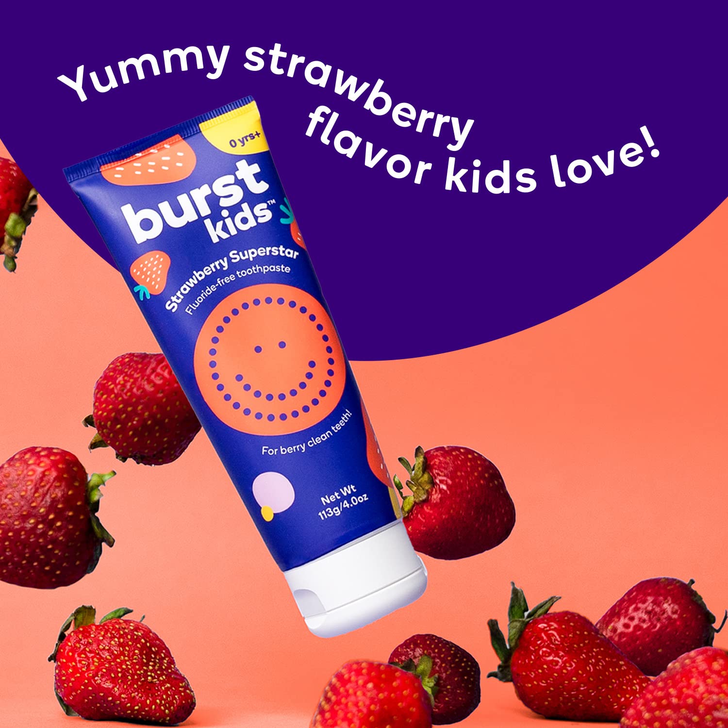 Burst Fluoride Free Kids Toothpaste berry flavor label demonstrates kid-friendly care
