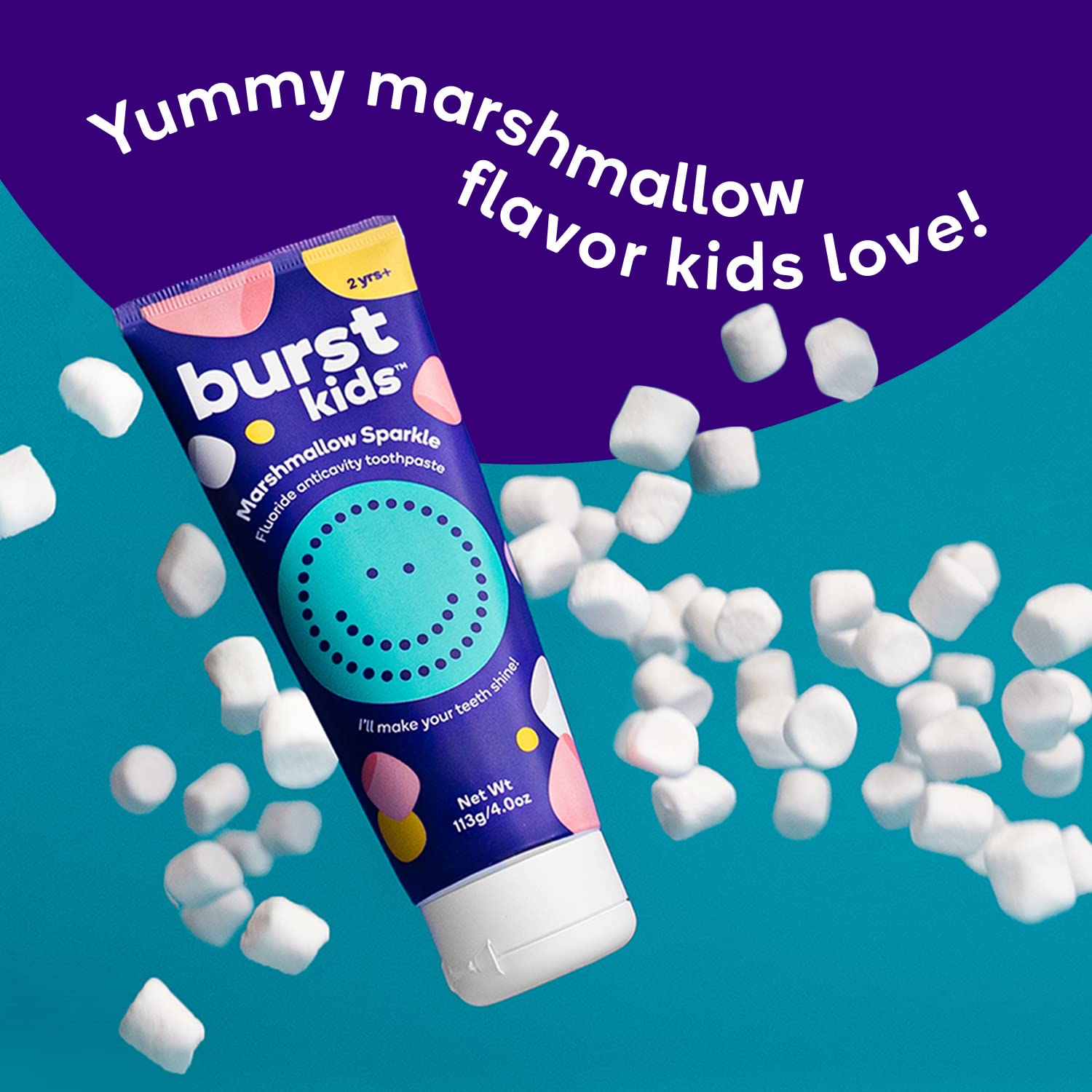 BURST Marshmallow Sparkle toothpaste label highlighting sugar-free marshmallow flavor for daily brushing
