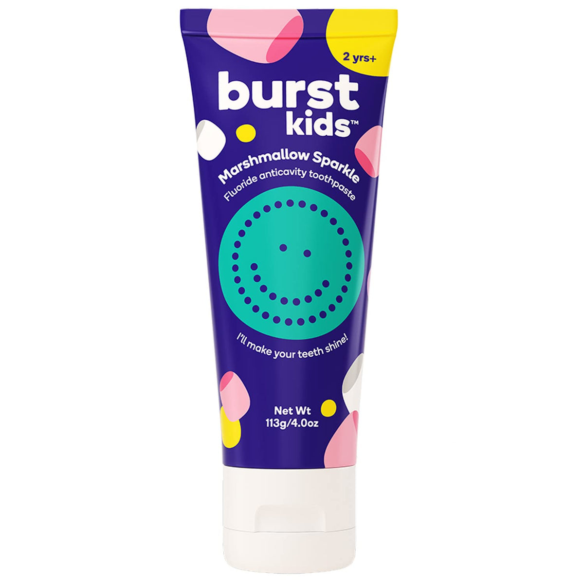 BURST Marshmallow Sparkle Kids Toothpaste tube showing kid-friendly flavor and fluoride protection