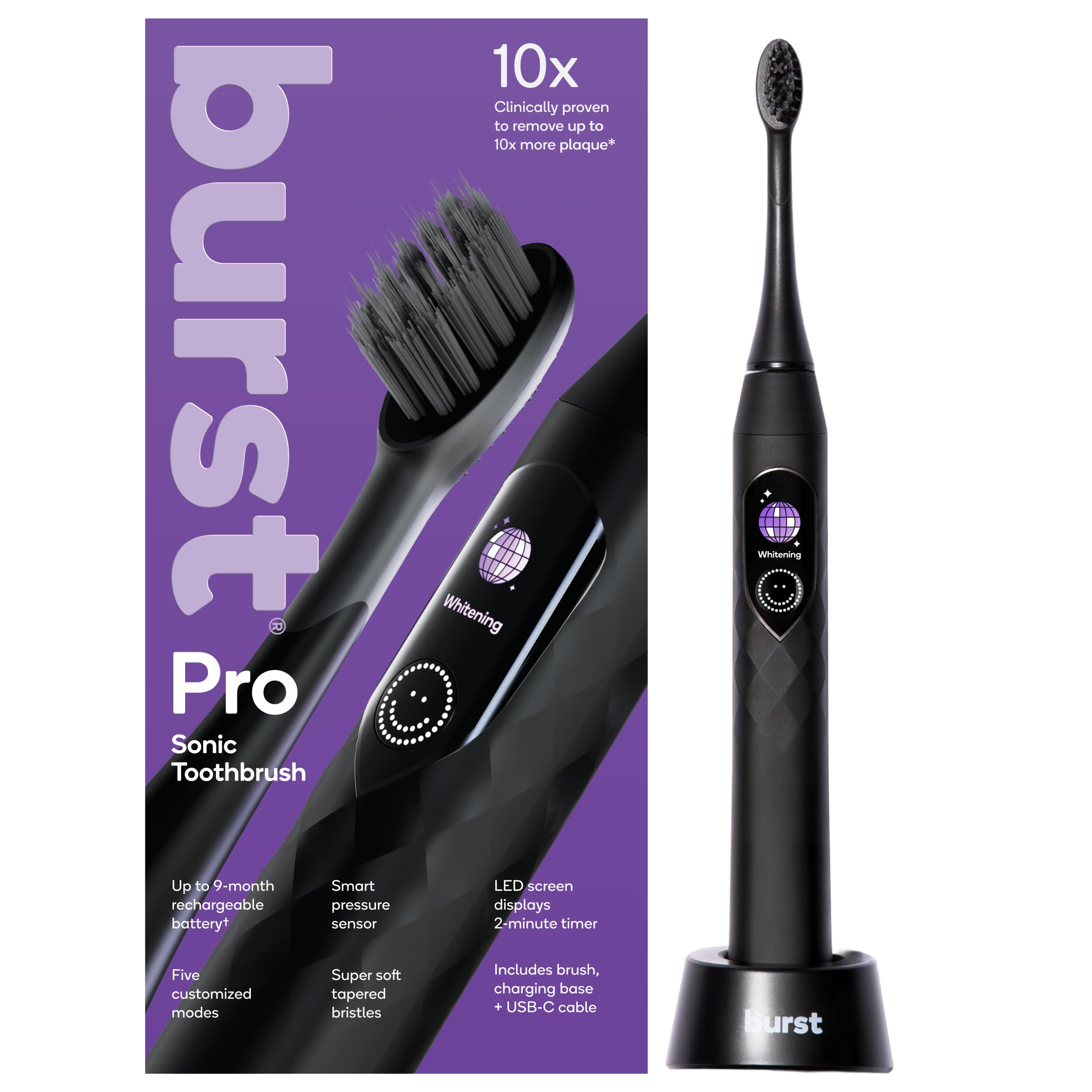 Burst Pro Sonic toothbrush front view in black with soft bristles for gentle daily cleaning.