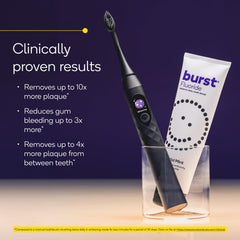 Burst Pro Sonic toothbrush black soft-bristle head reaches plaque safely for gentler clean.