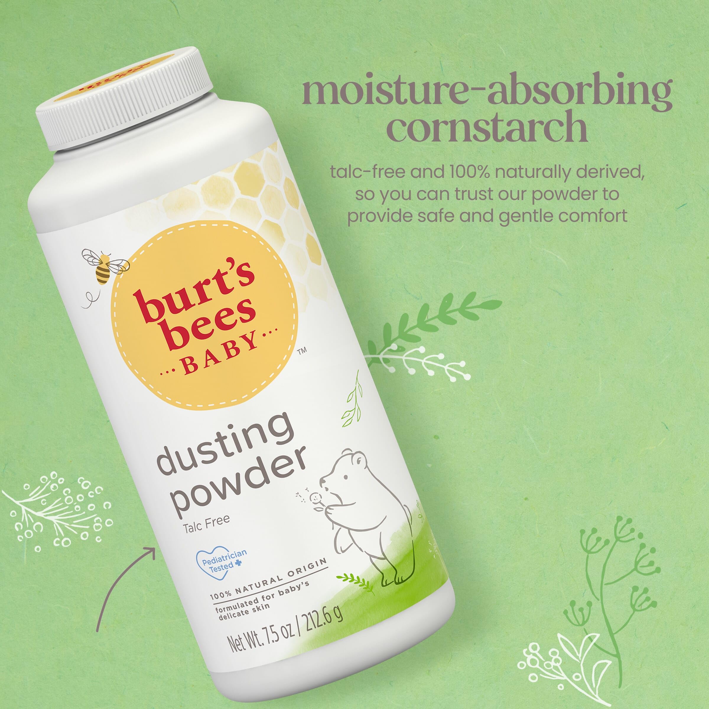 Burt's Bees Baby Dusting Powder natural origin packaging highlights cornstarch absorption.