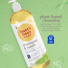 Burt's Bees Baby Sensitive Shampoo and Wash fragrance-free label indicates gentle care