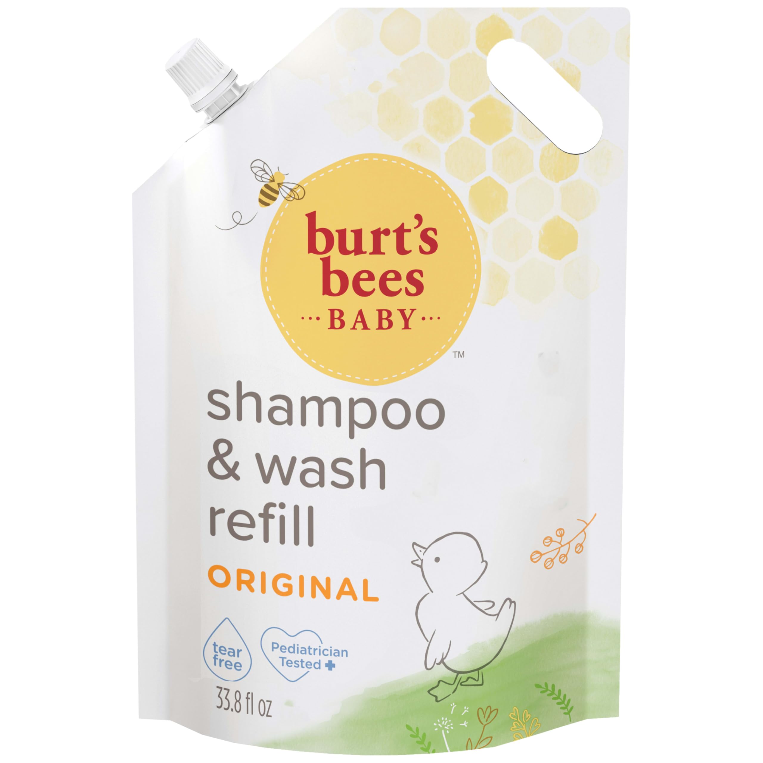 Burt's Bees Baby Shampoo and Wash refill bag beside the bottle for easy refills.