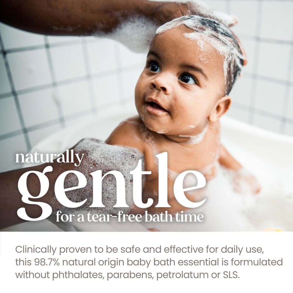 Clear tear-free foaming lather demonstrated in bath scene.