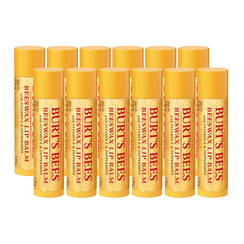 Burt's Bees Beeswax Lip Balm 12-pack front view for daily lip care and portability