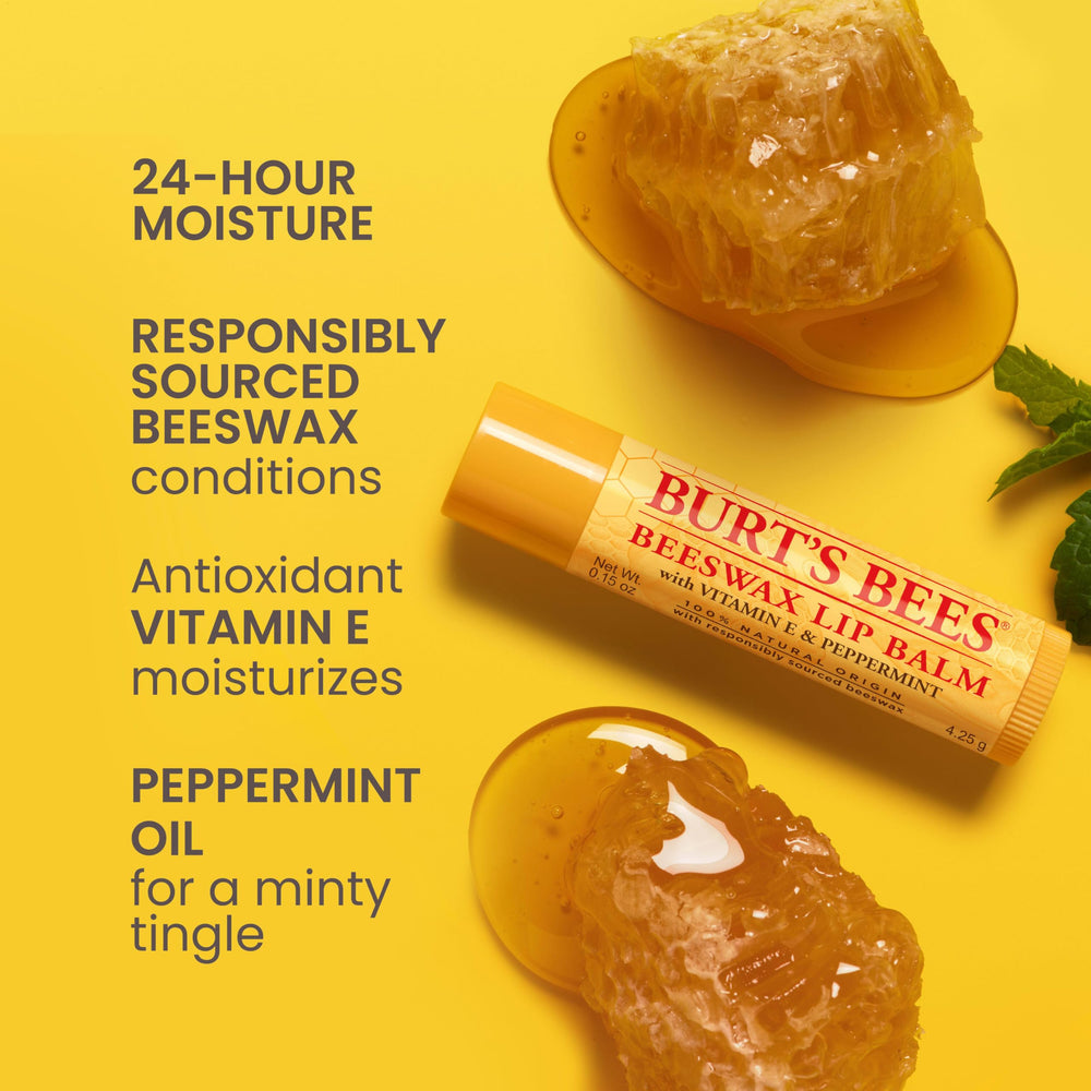 Burt's Bees beeswax and Vitamin E close-up highlights nourishing ingredients.