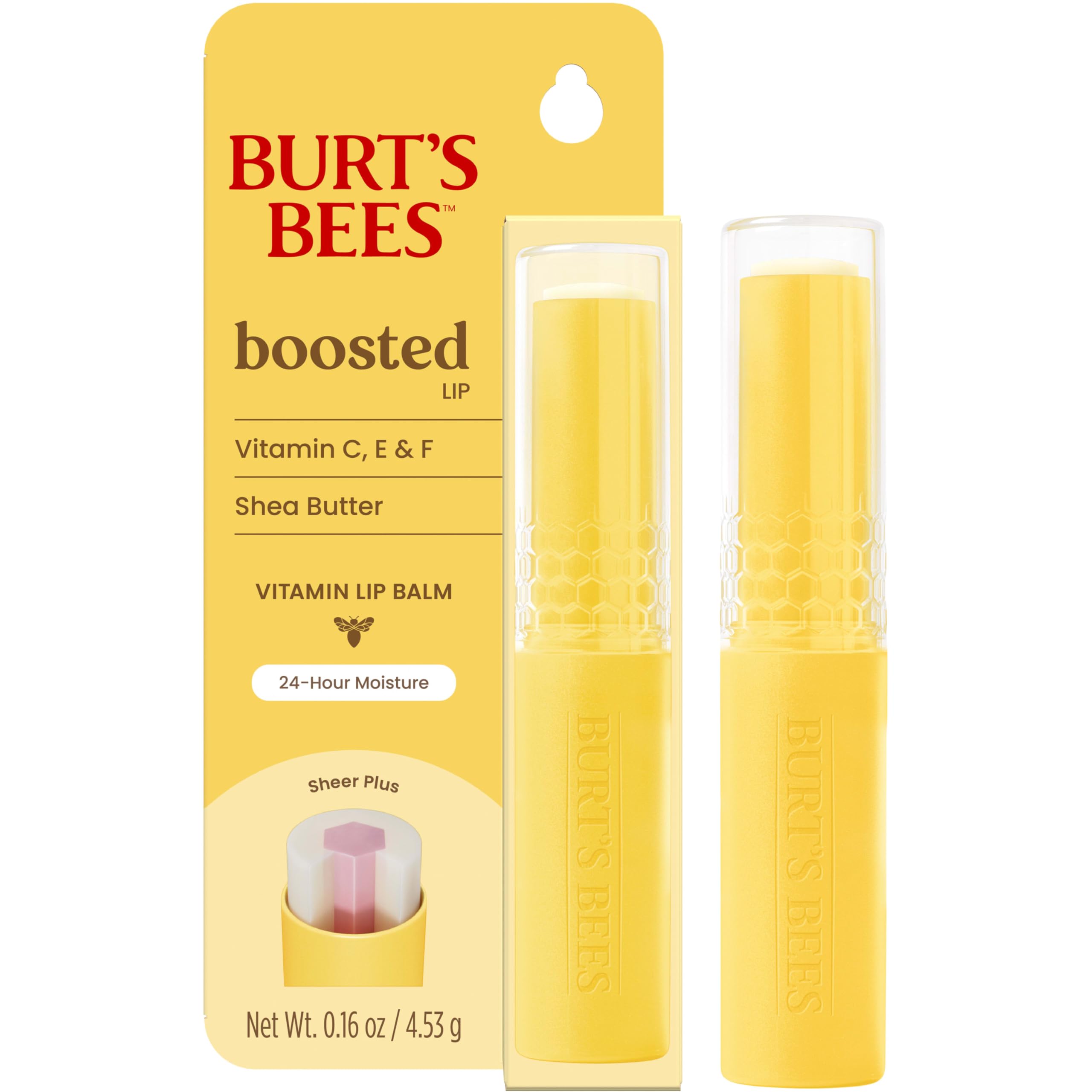 Burt's Bees Boosted Lip Balm Sheer Plus on lips showing natural glow