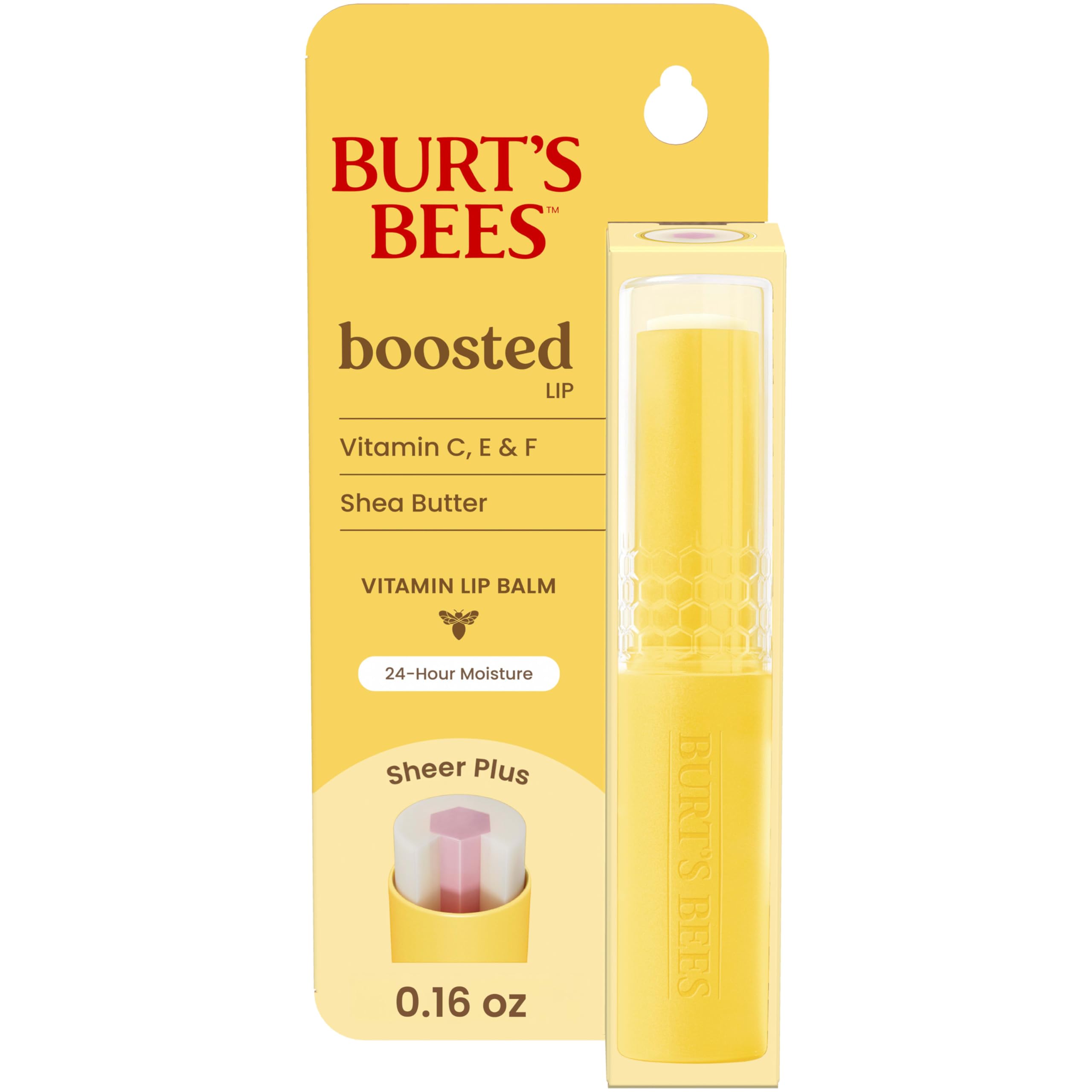 Burt's Bees Boosted Lip Balm Sheer Plus tube close-up for everyday hydration