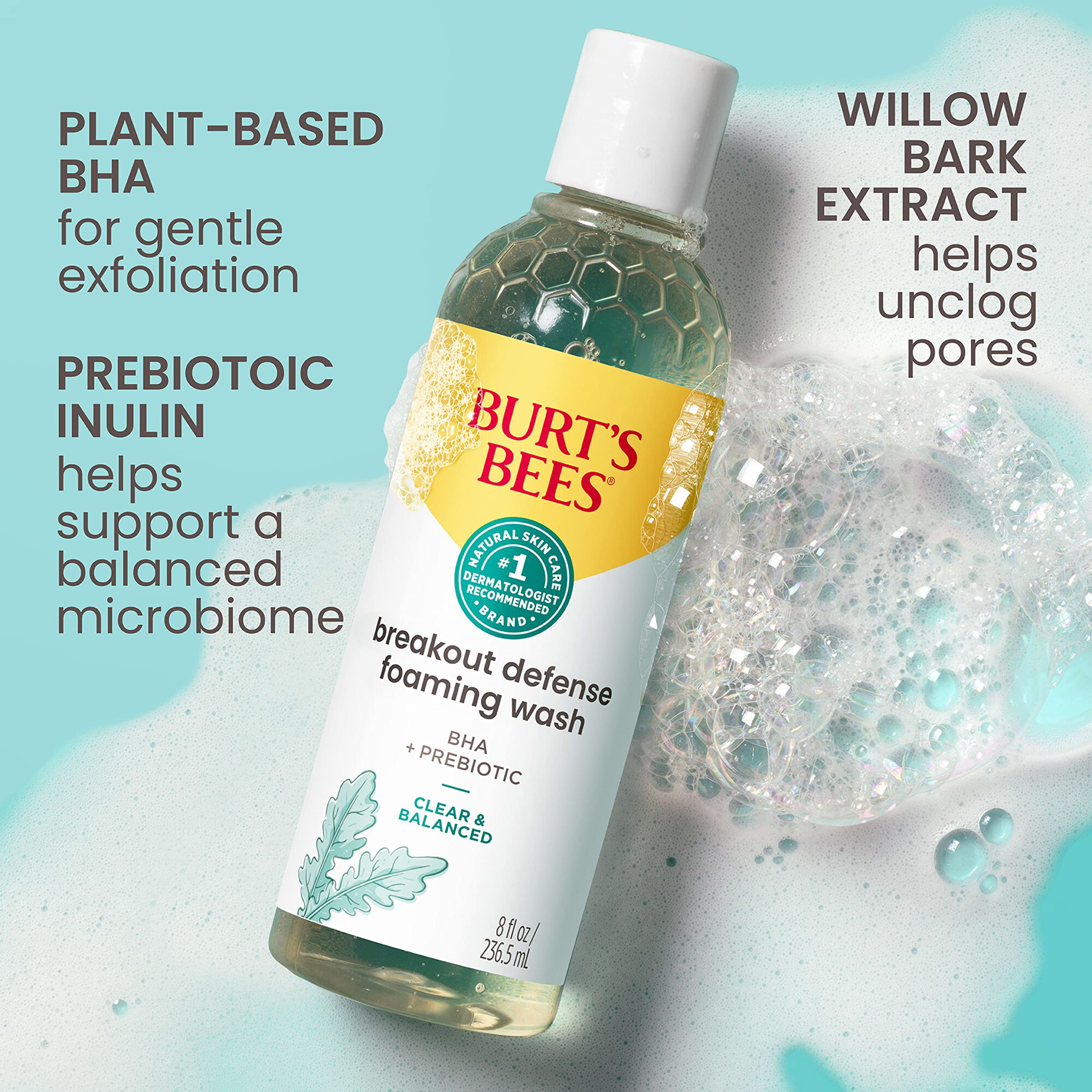Willow bark exfoliation highlight for Burt's Bees Breakout Defense foaming wash