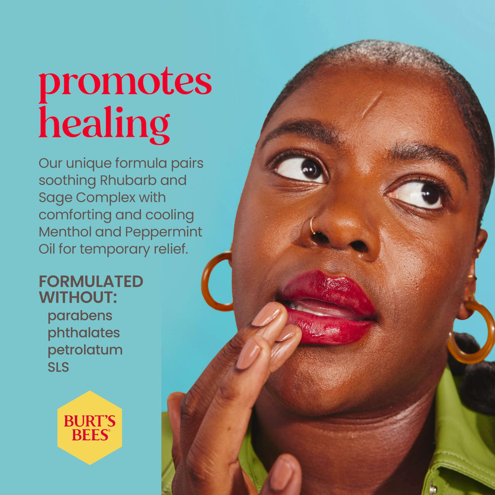 Burt's Bees Cold Sore formula image emphasizes menthol and cooling sensation