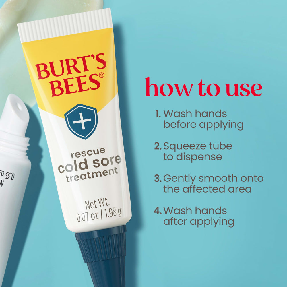 Burt's Bees Cold Sore Treatment pack on desk demonstrates convenient all-in-one care