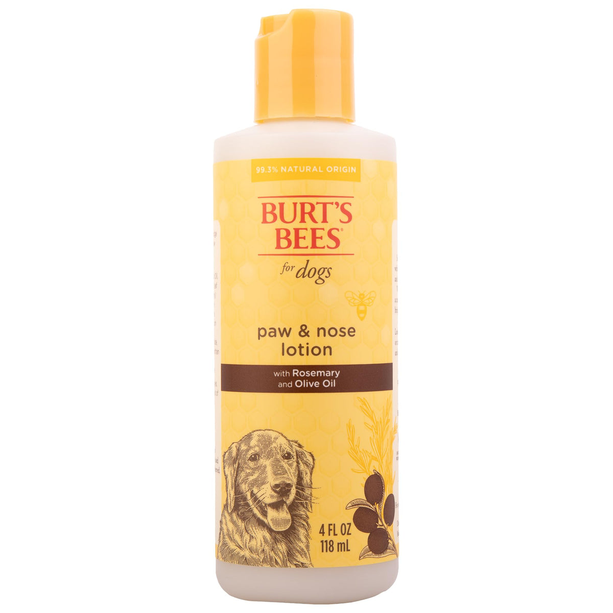 BURT'S BEES FOR PETS dog paw-nose lotion bottle moisturizes dry skin during grooming.