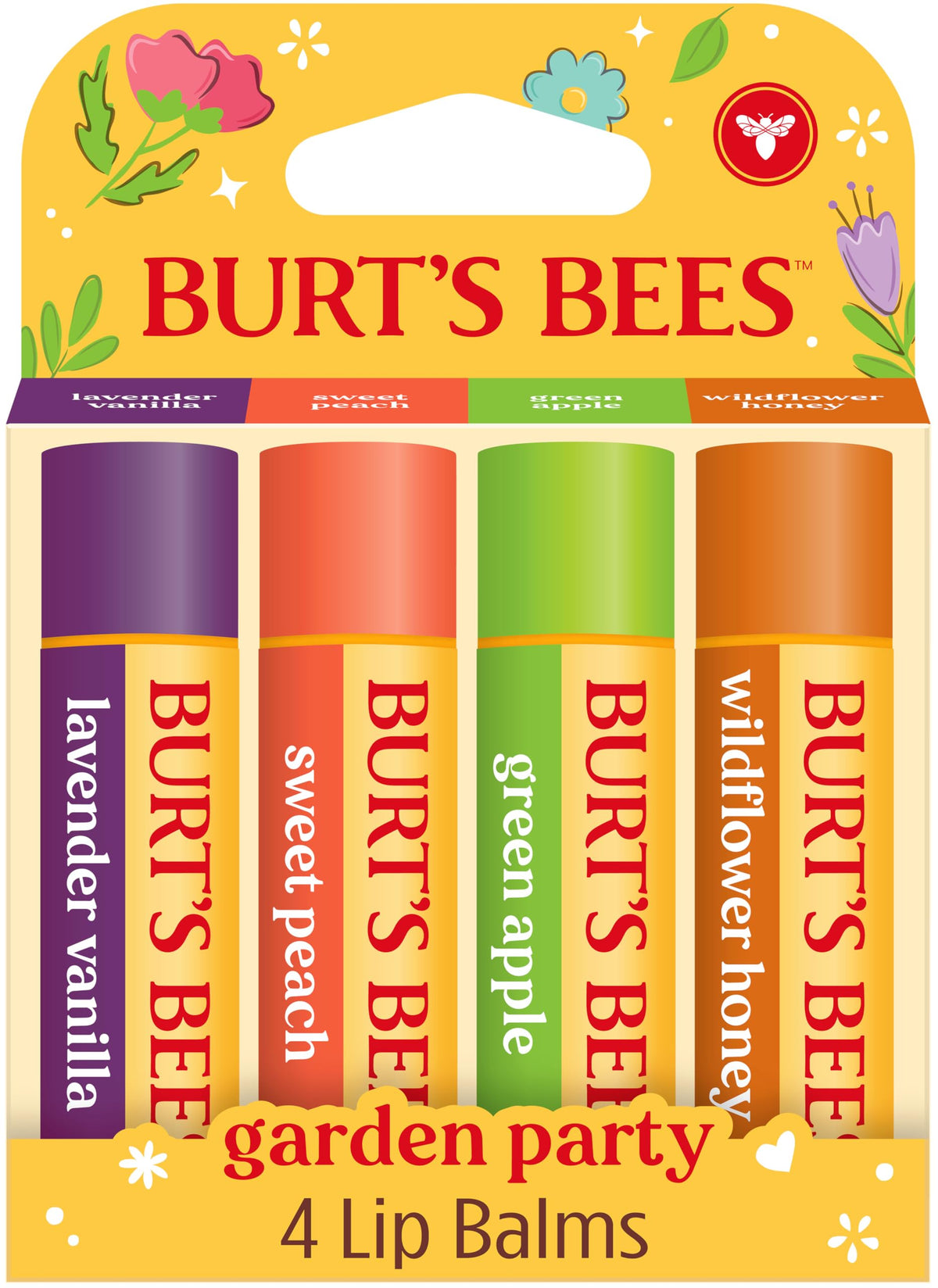 Burt's Bees Garden Party Lavender Vanilla lip balm tube provides lasting moisture.