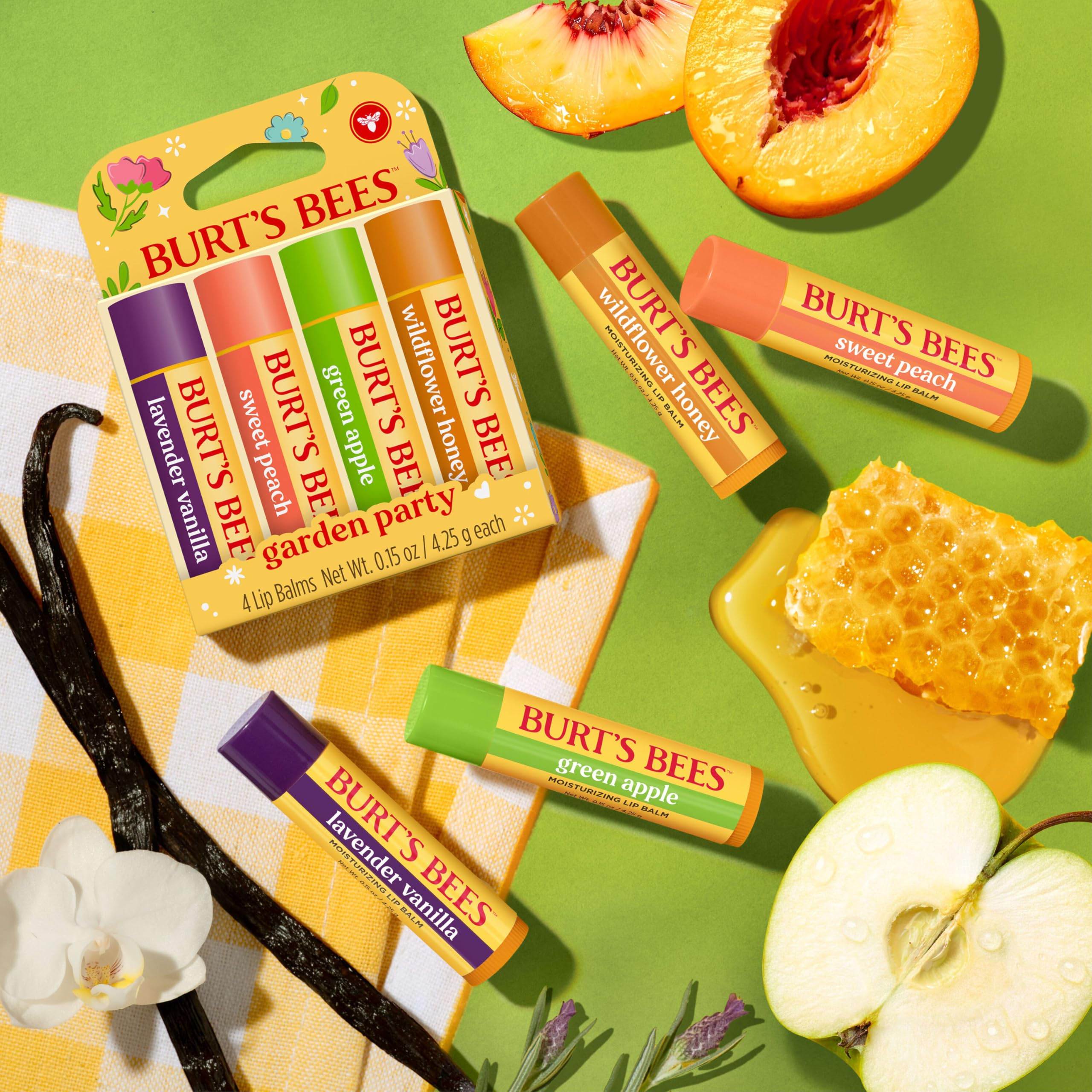 Burt's Bees Garden Party Wildflower Honey pack front with natural ingredients.