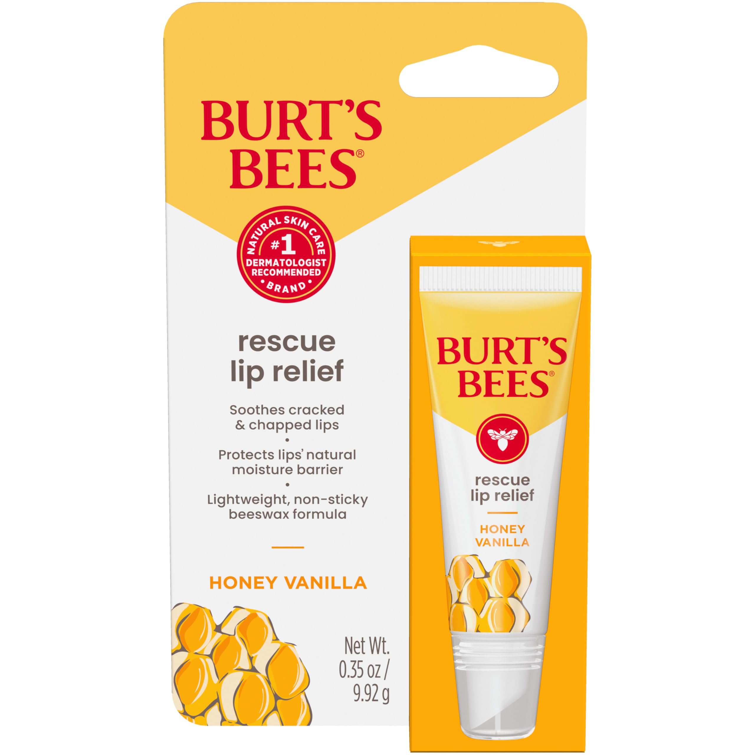Burt's Bees Honey Vanilla Rescue Lip Relief tube ready for dry lips