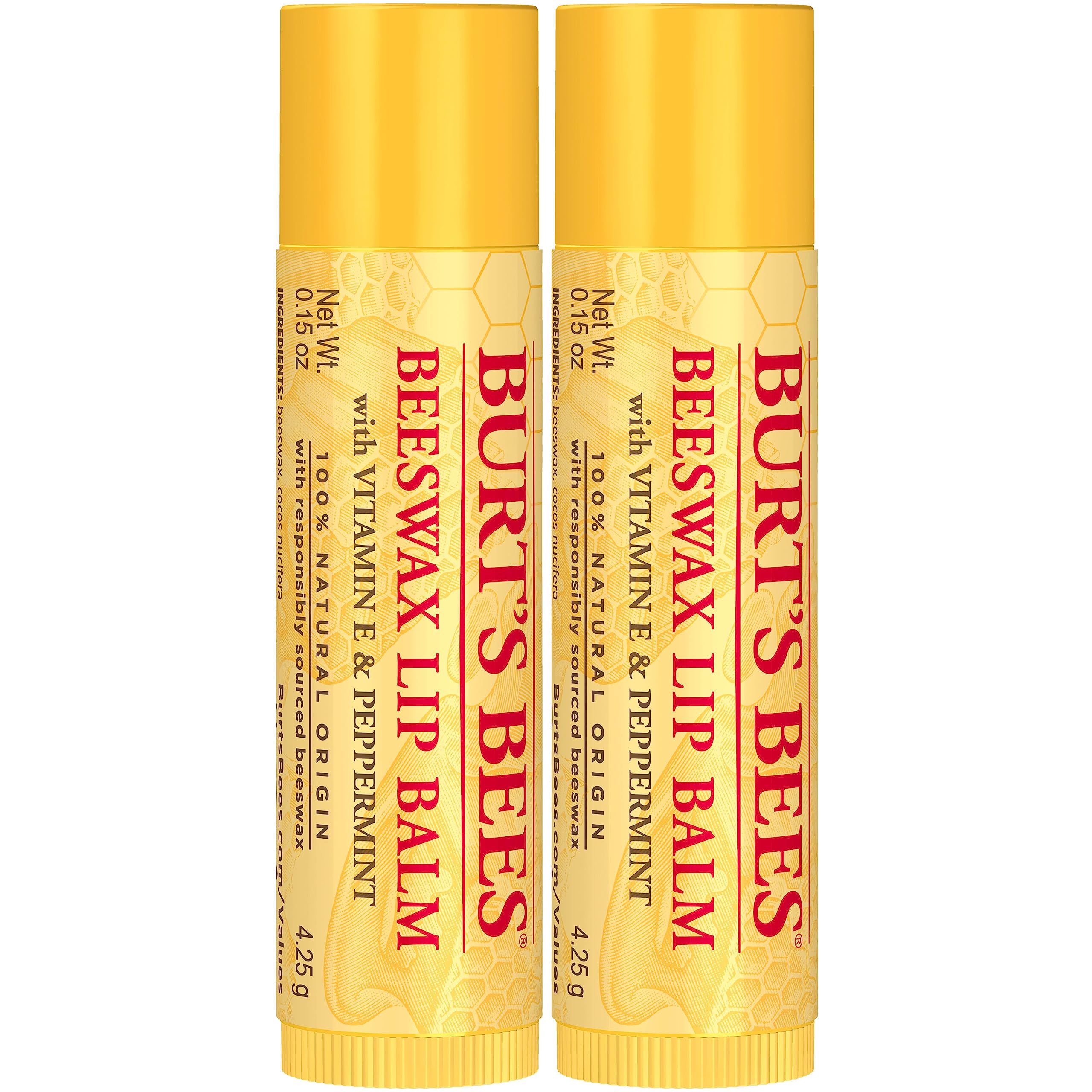 Burt's Bees ingredient close-up shows beeswax and Vitamin E.