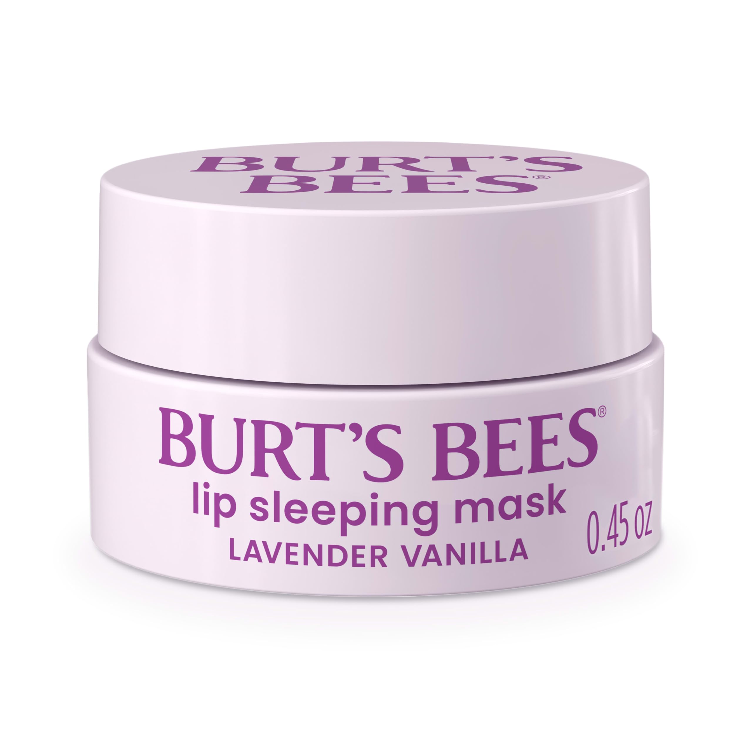 Burt's Bees Lavender Vanilla Lip Sleeping Mask jar shows overnight hydration