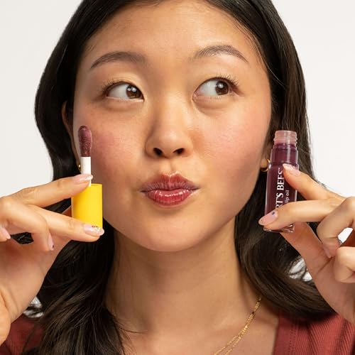Burts Bees Lip Oil Plum Twilight packaging includes Leaping Bunny logo.