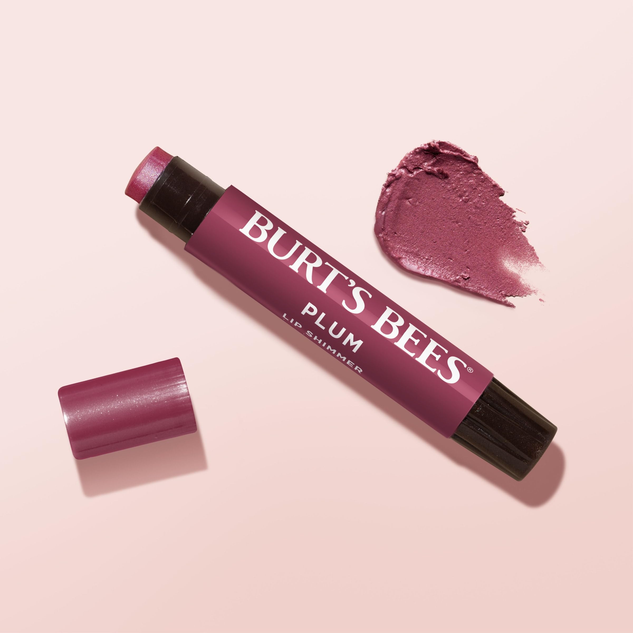 Burt's Bees Lip Shimmer Plum product shot with 4-pack display.