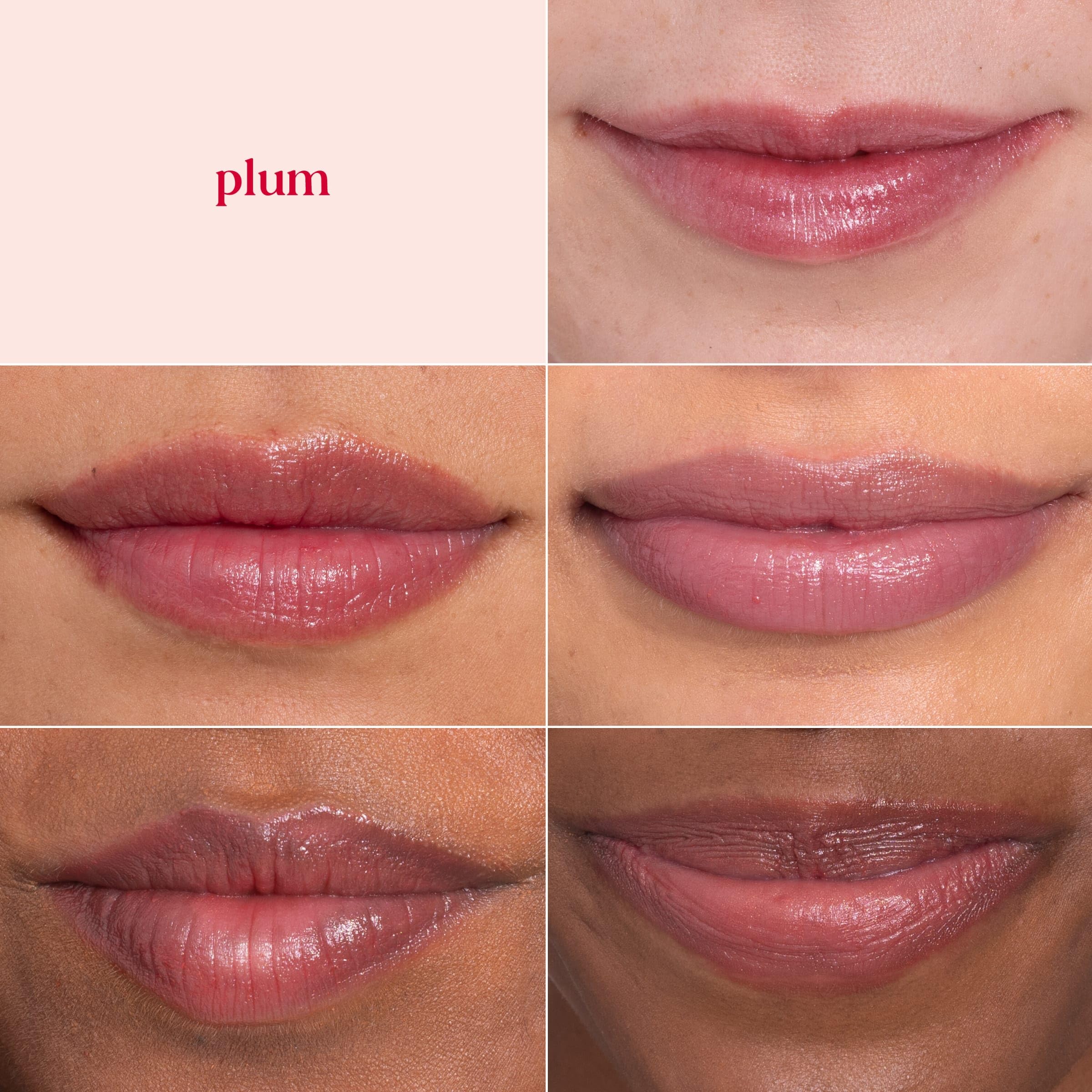 On lips closeup of Burt's Bees Lip Shimmer Plum with luminous moisture.