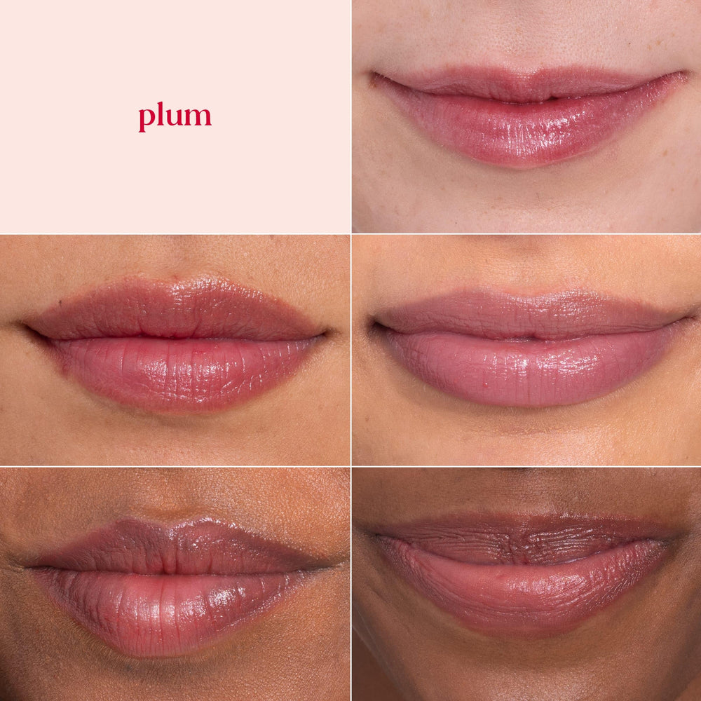 On lips closeup of Burt's Bees Lip Shimmer Plum with luminous moisture.