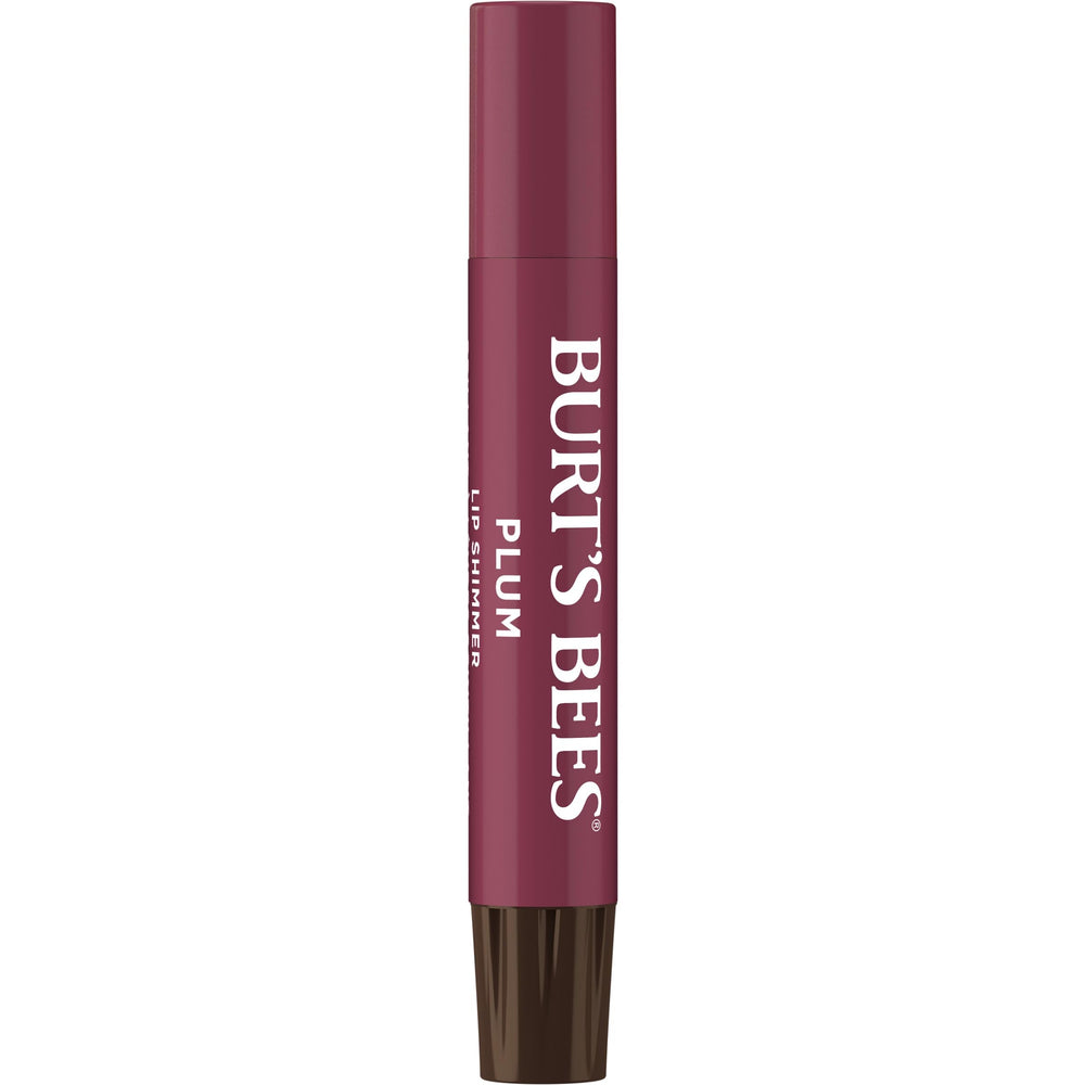 Burt's Bees Lip Shimmer Plum packaging with recyclable carton and natural origins.