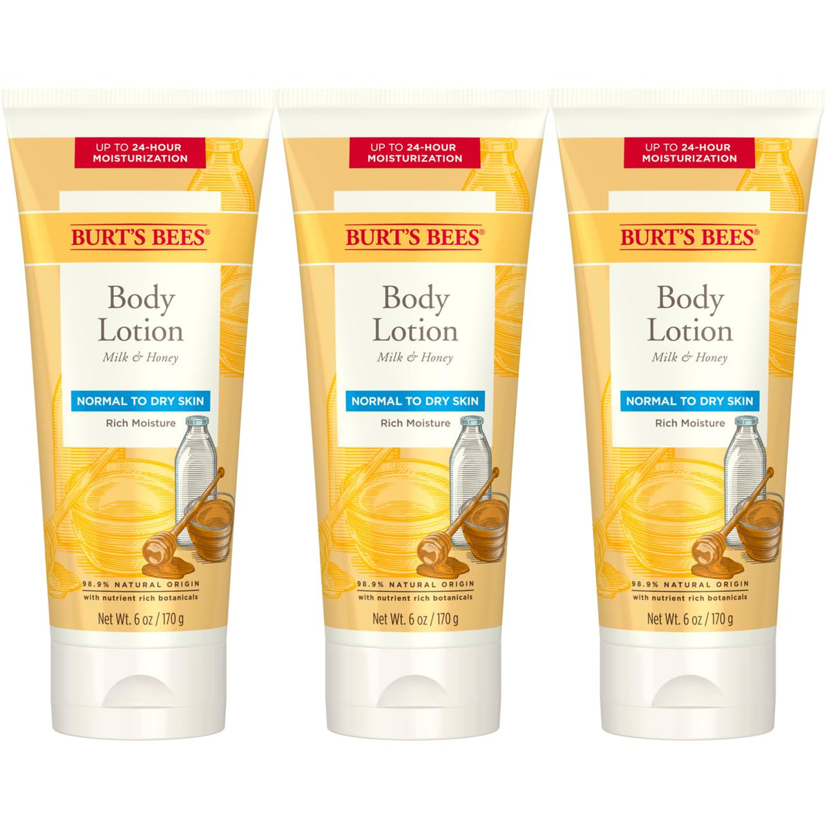 Burt’s Bees Milk and Honey body lotion bottle front for daily hydration