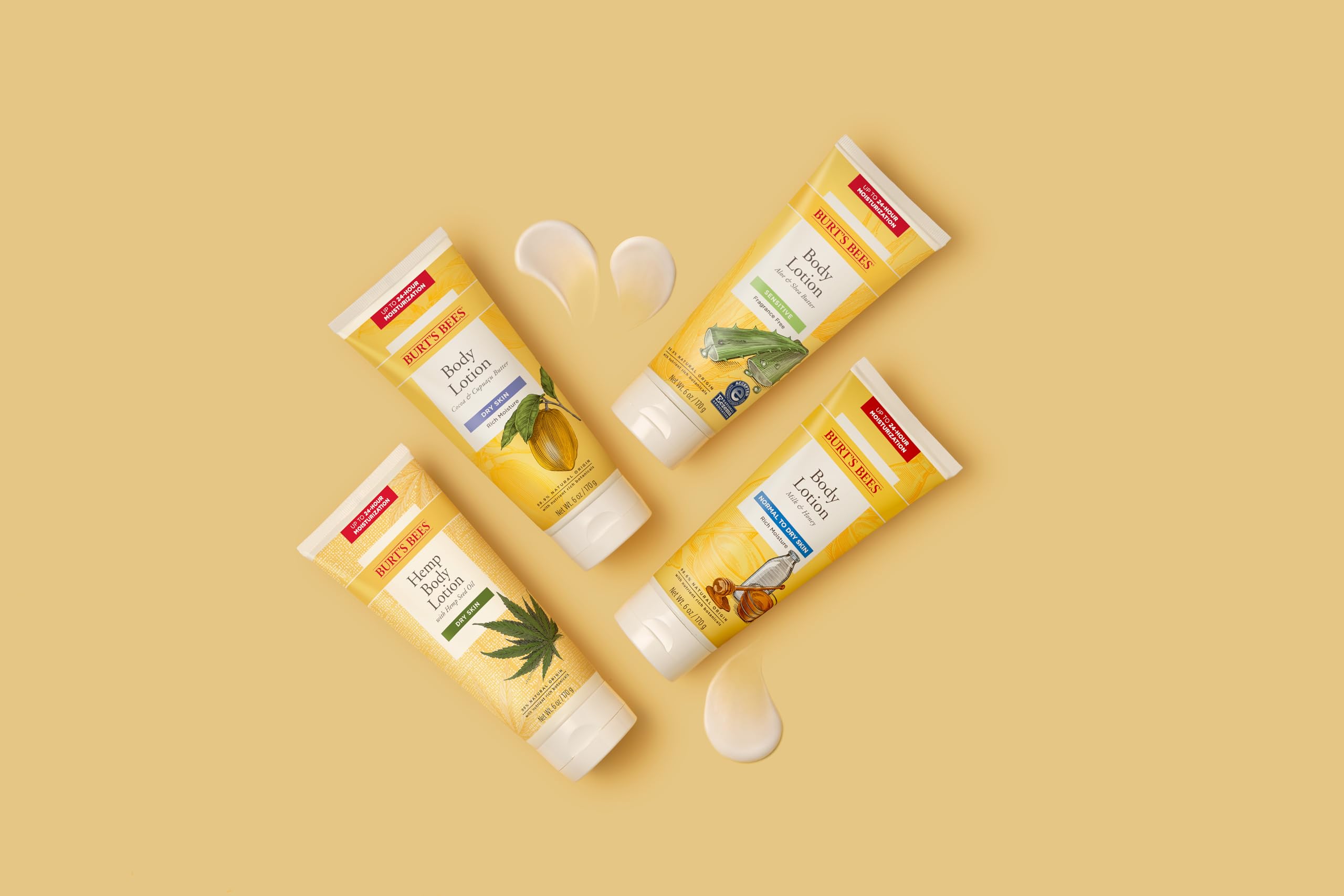 Hands applying Burt’s Bees Milk and Honey lotion for smooth, hydrated skin