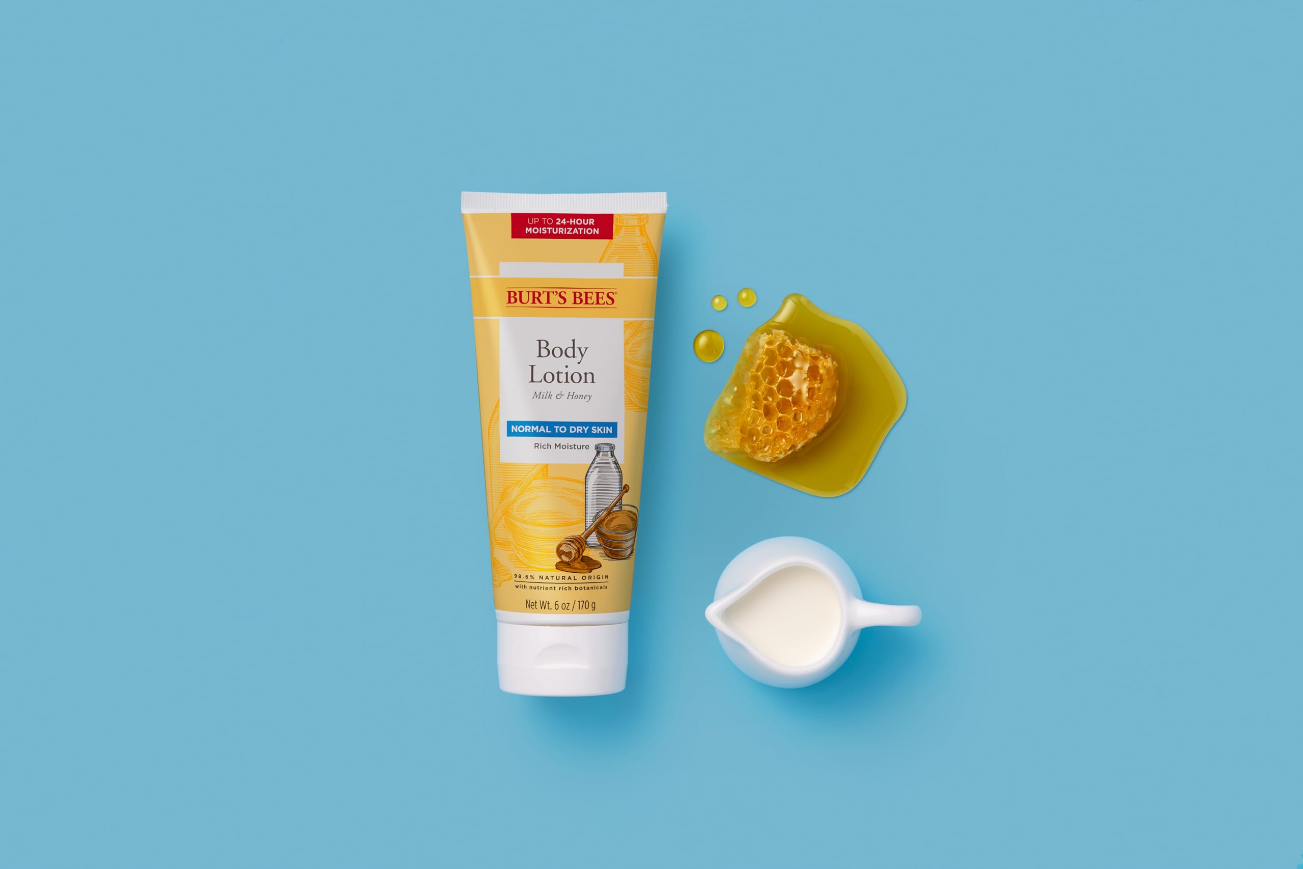 Packaging variation shows Burt’s Bees Milk and Honey lotion designed for everyday use