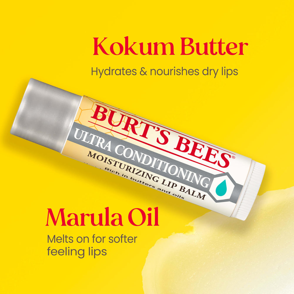 Four-pack Burt's Bees lip balms on a counter for on-the-go care