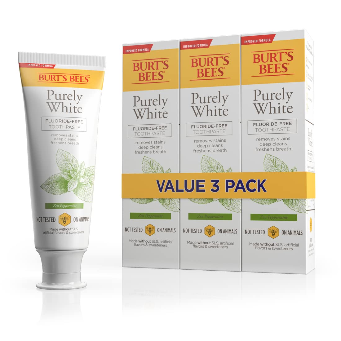 Burt's Bees Purely White Zen Peppermint pack front view with three fluoride-free tubes