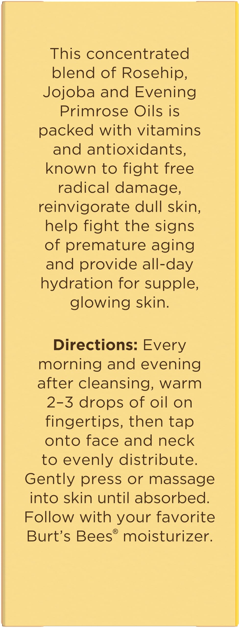 Burt's Bees Rosehip Seed extract close-up highlights vitamin-rich oil