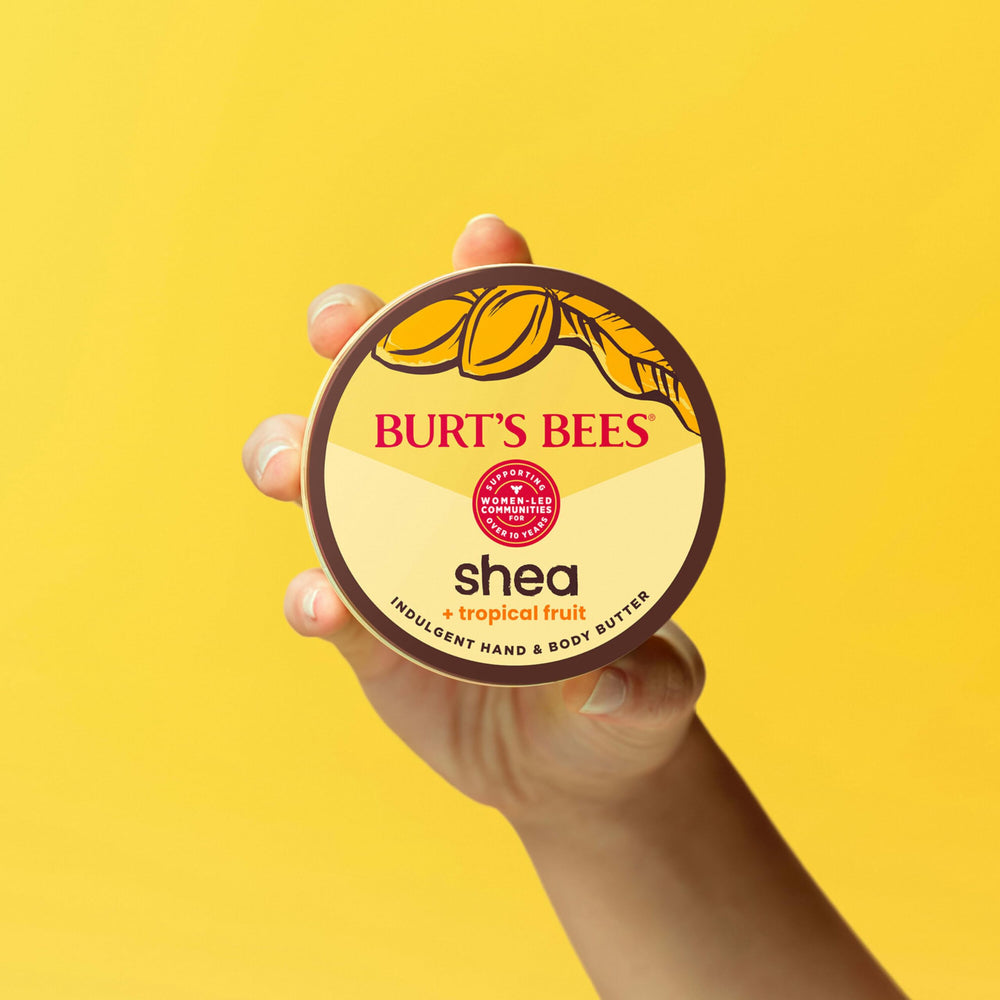 Burts Bees Shea Mango Butter ingredients bottle underlines antioxidant-rich formula.
