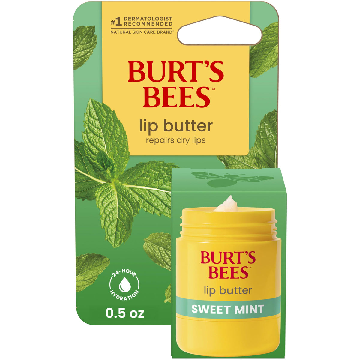 Burt's Bees Sweet Mint Lip Butter in twist-up dispenser for on-the-go hydration.