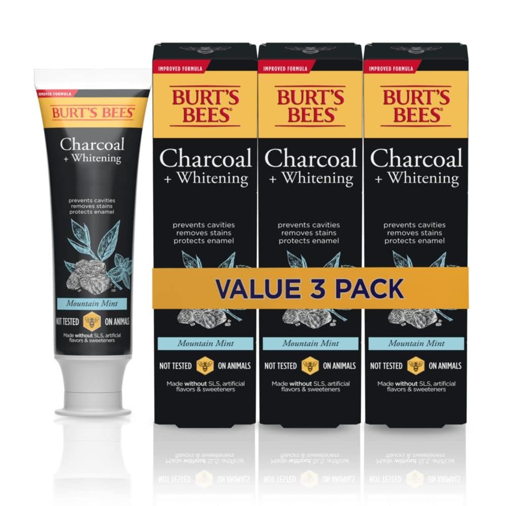 Burts Bees Charcoal Toothpaste Mountain Mint tube shows fluoride protection for enamel.