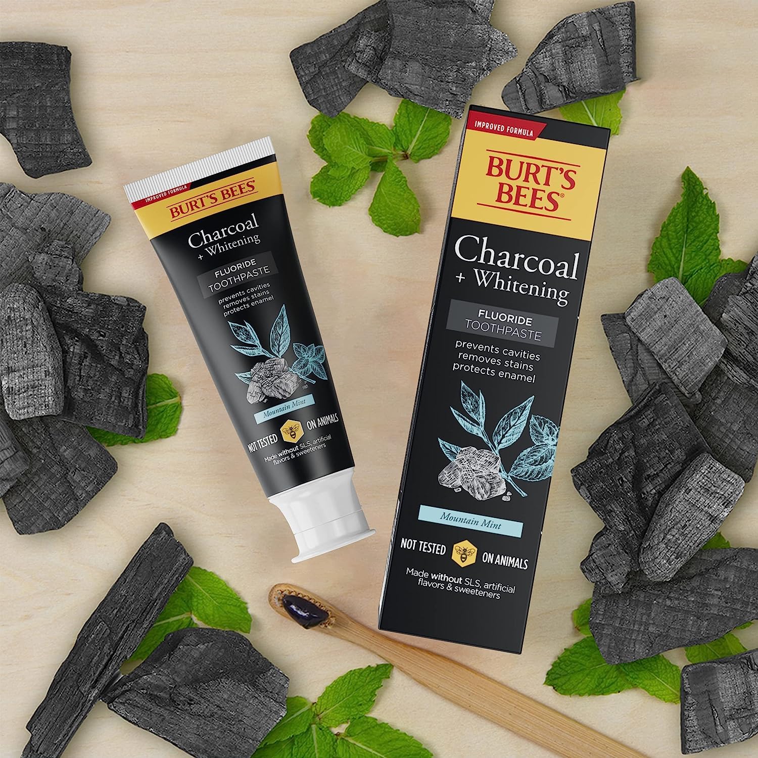 Cap off scene showing Burts Bees Mountain Mint, SLS-free formulation.
