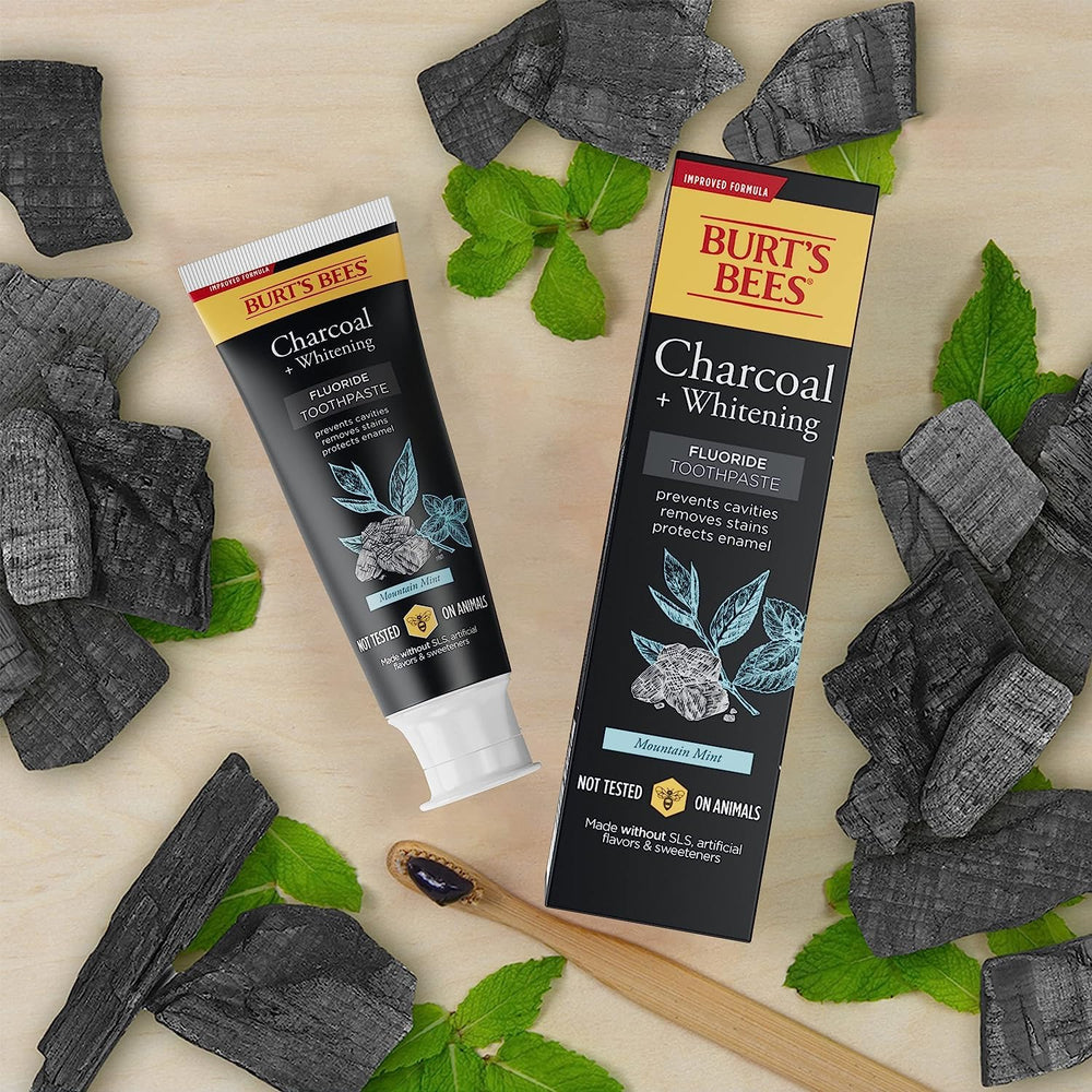 Cap off scene showing Burts Bees Mountain Mint, SLS-free formulation.