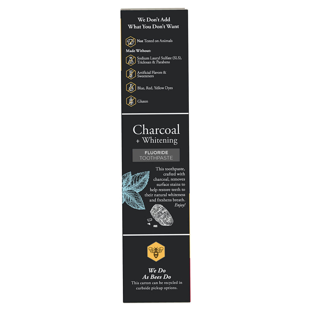 Packaging with eco-friendly messaging for Burts Bees charcoal toothpaste.