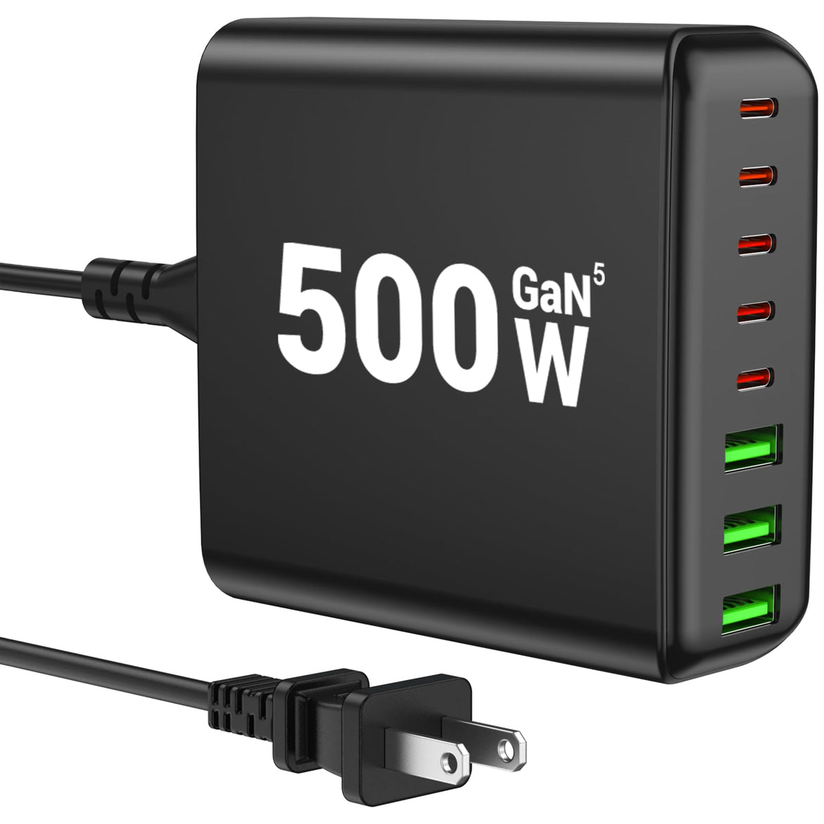 BURUDU 500W USB-C charger block powering a laptop and a phone on a desk.