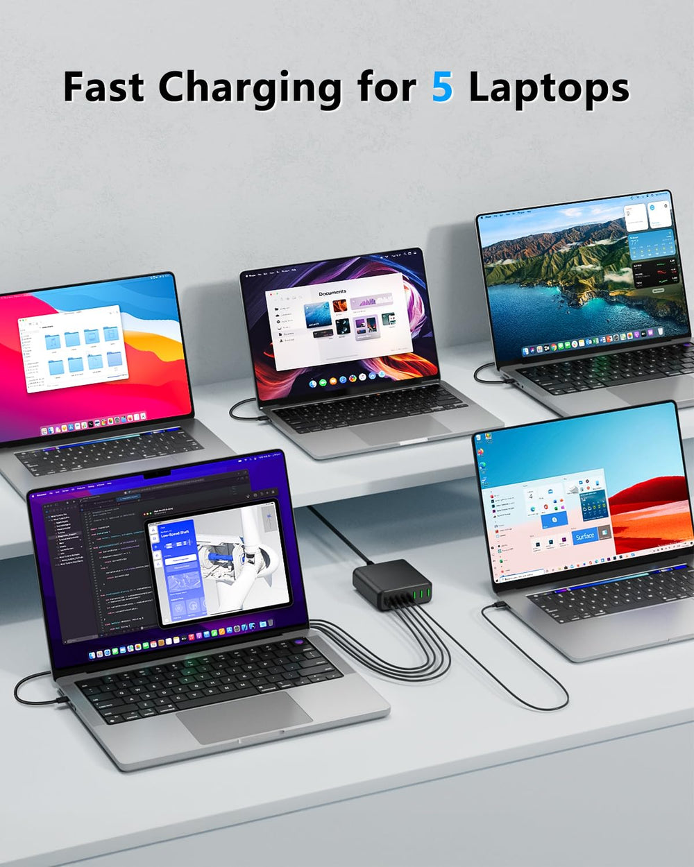BURUDU eight-port charging station with USB-C and USB-A ports for multiple devices.