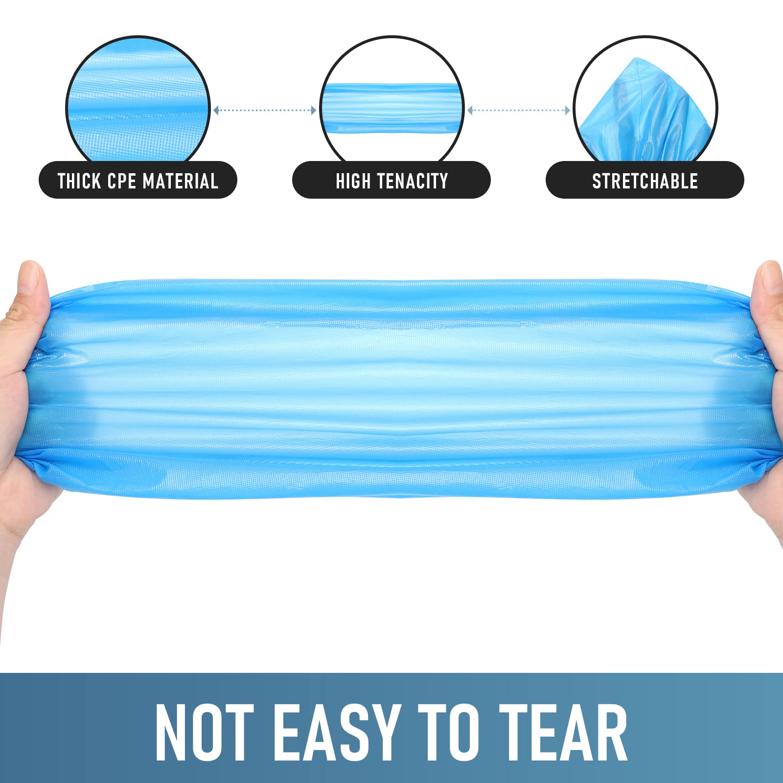 Buself shoe covers material close-up highlighting thick, waterproof CPE for durability.