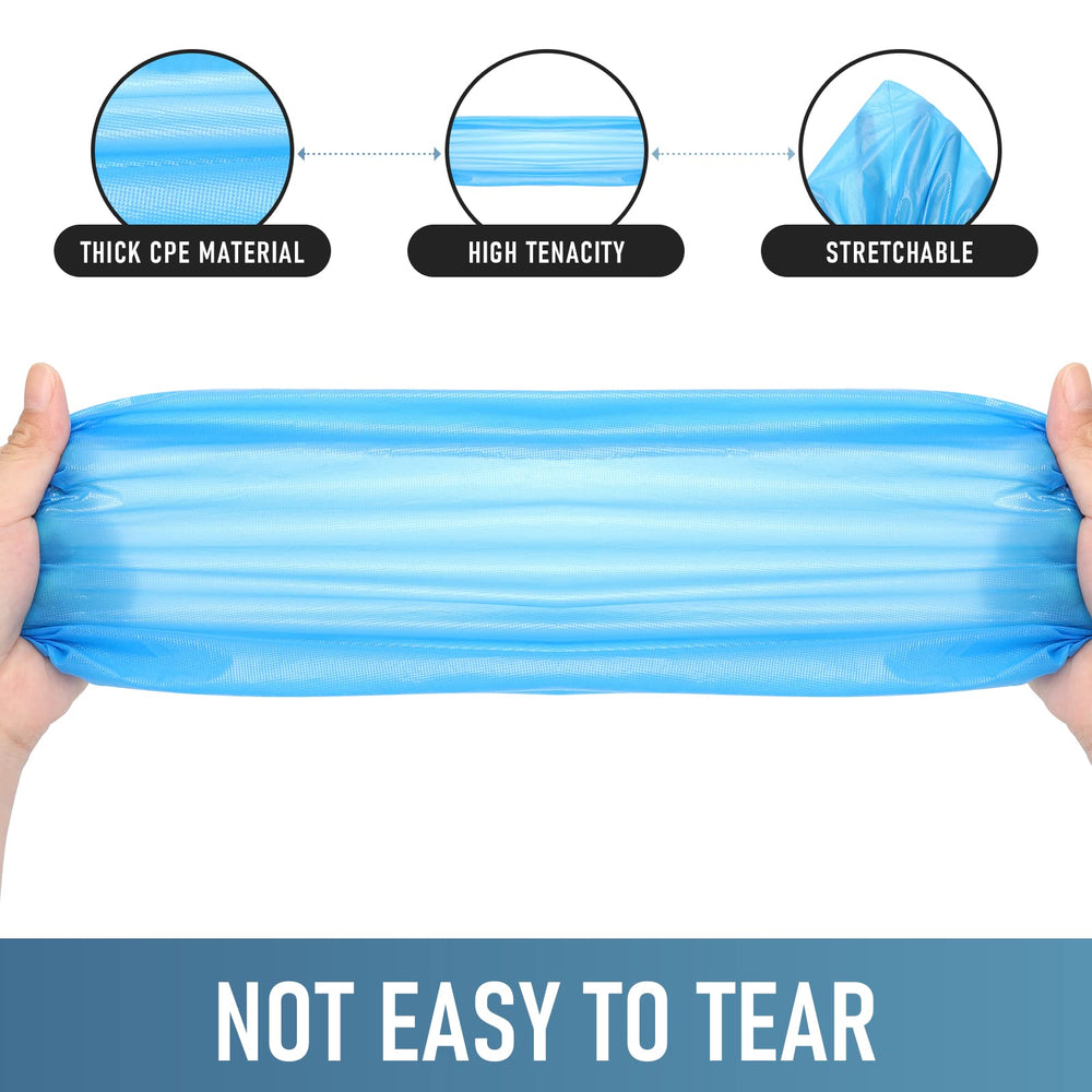Buself shoe covers material close-up highlighting thick, waterproof CPE for durability.