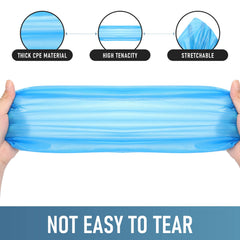 Buself shoe covers material close-up highlighting thick, waterproof CPE for durability.