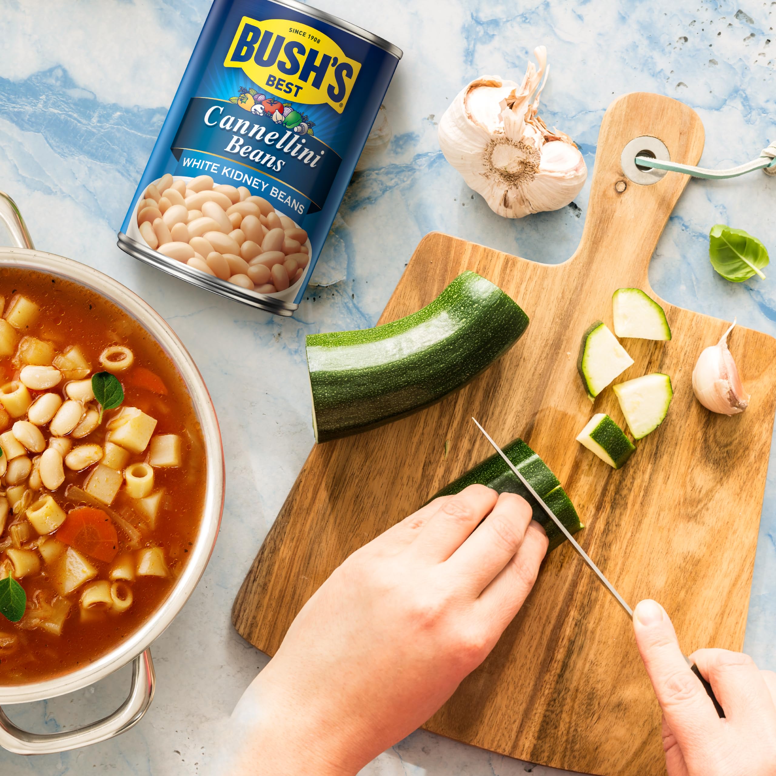 Bush's Best cannellini beans plated idea hints at hearty pasta or soup.