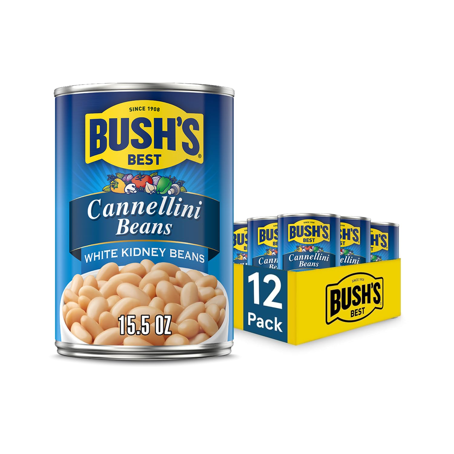 Bush's Best cannellini beans can label front shows gluten-free, protein-friendly option for meals.
