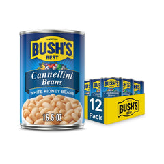 Bush's Best cannellini beans can label front shows gluten-free, protein-friendly option for meals.