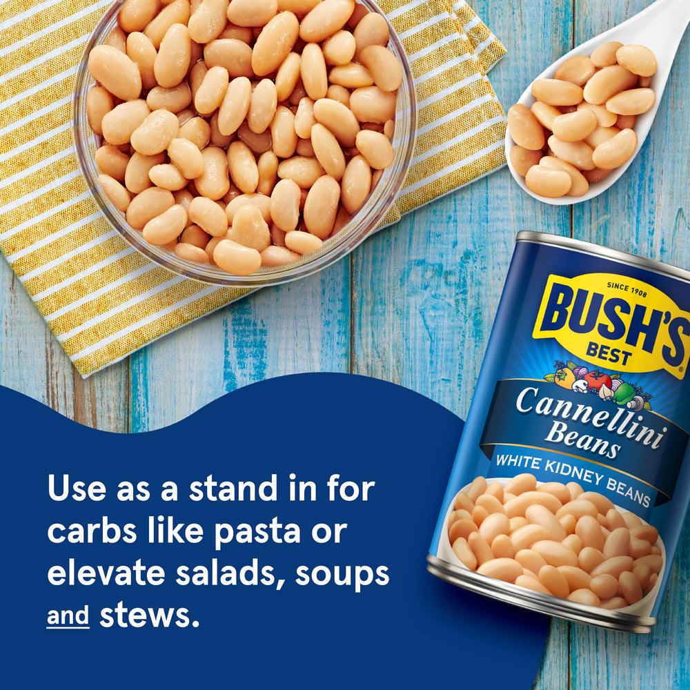 Bush's Best cannellini beans nutrition panel close-up communicates protein and fiber.