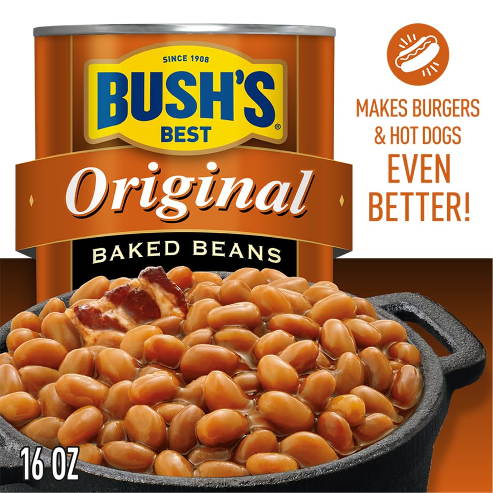 Bush's Best baked beans simmering in a pot, ready to heat.